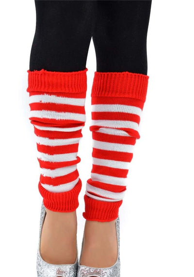 Pair of Womens Leg Warmers Disco Winter Knit Dance Party Crochet Legging Socks Costume - Red/White Stripe-0