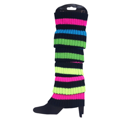 Pair of Womens Leg Warmers Disco Winter Knit Dance Party Crochet Legging Socks Costume - Rainbow with Black Stripe-0