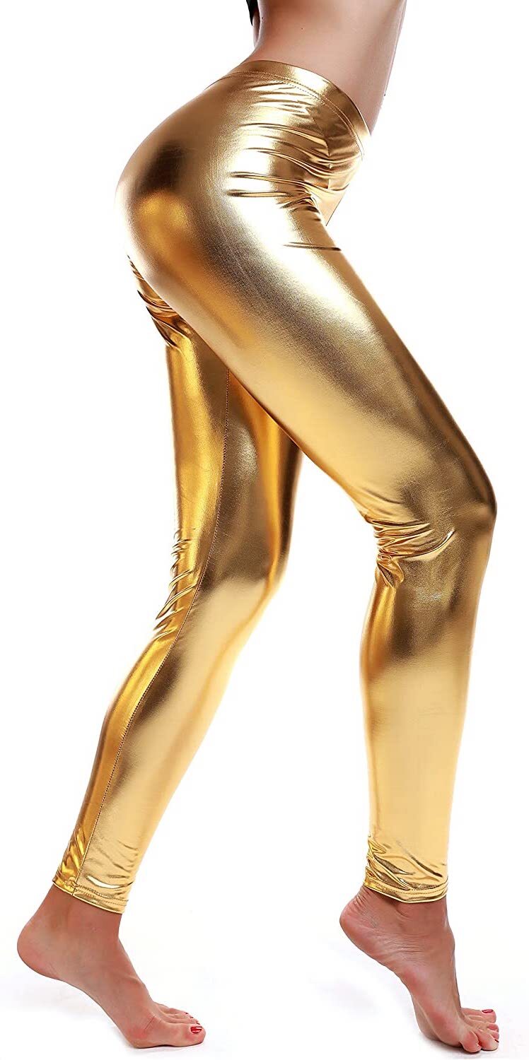 DELUXE METALLIC LEGGINGS Shiny Neon Stretch Dance Costume Fancy Dress Party - Gold/Yellow-0