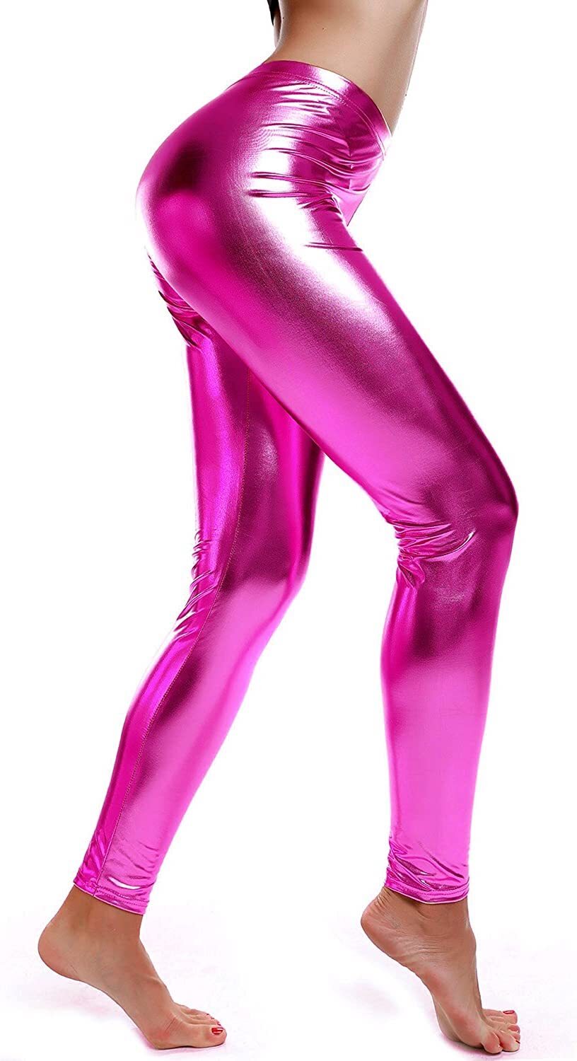 DELUXE METALLIC LEGGINGS Shiny Neon Stretch Dance Costume Fancy Dress Party - Hot Pink-0