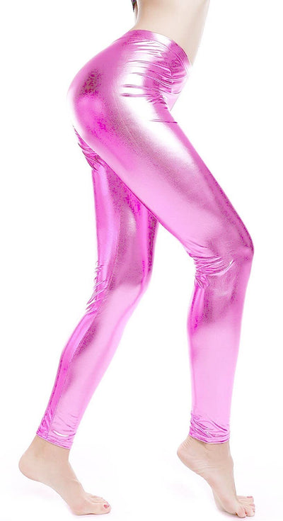 DELUXE METALLIC LEGGINGS Shiny Neon Stretch Dance Costume Fancy Dress Party - Light Pink-0