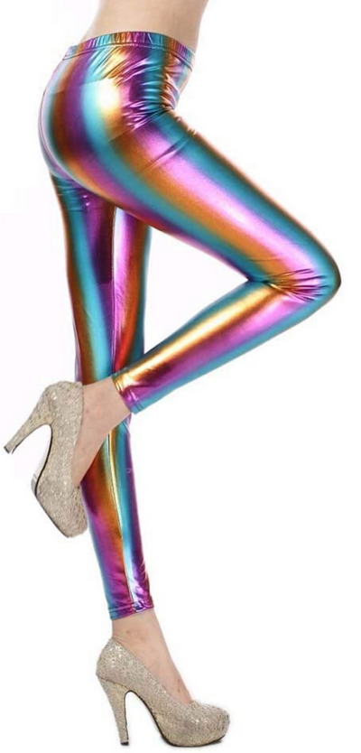 DELUXE METALLIC LEGGINGS Shiny Neon Stretch Dance Costume Fancy Dress Party - Rainbow-0