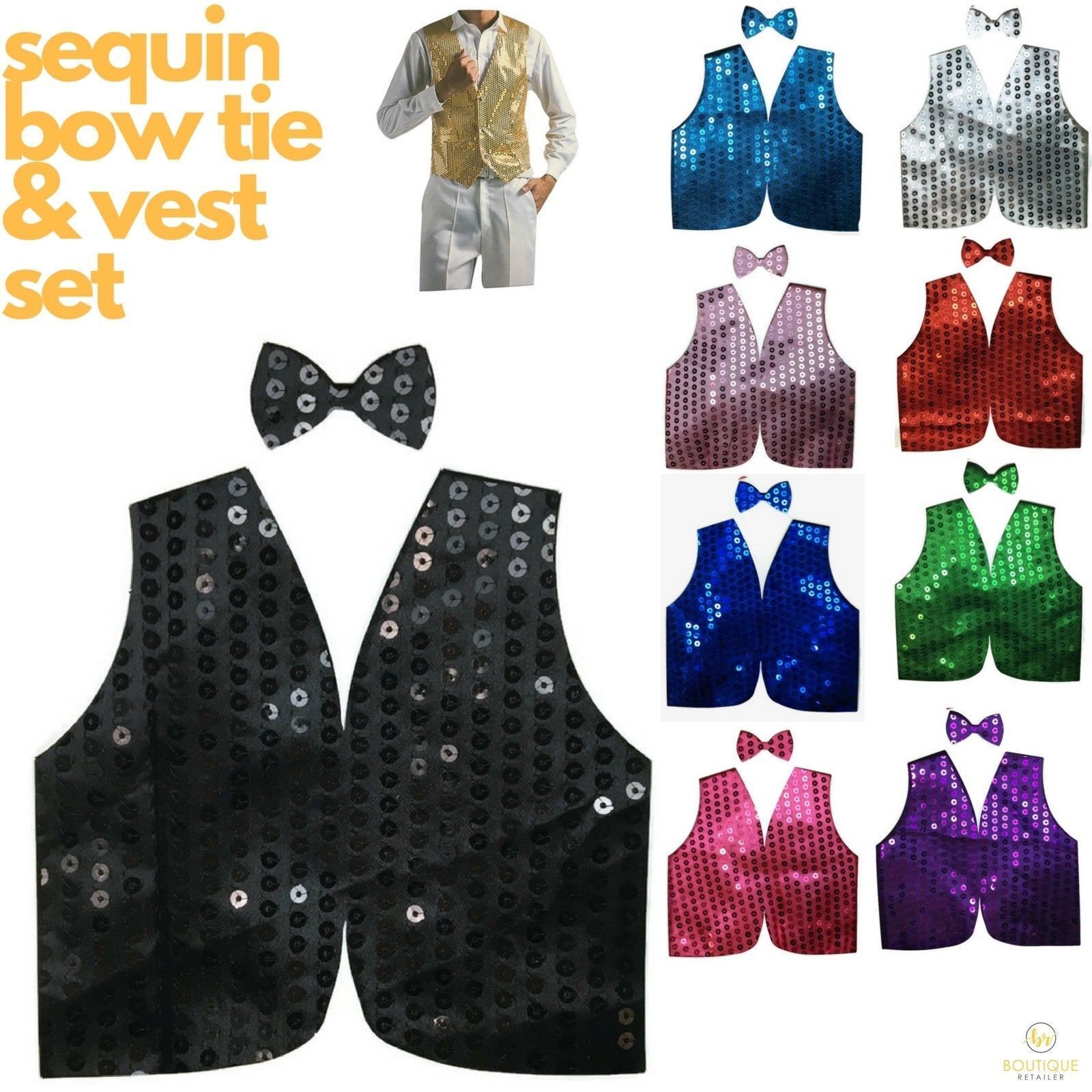 Mens SEQUIN VEST Dance Costume Party Coat Disco Accessory Sparkle Waistcoat - Black-2