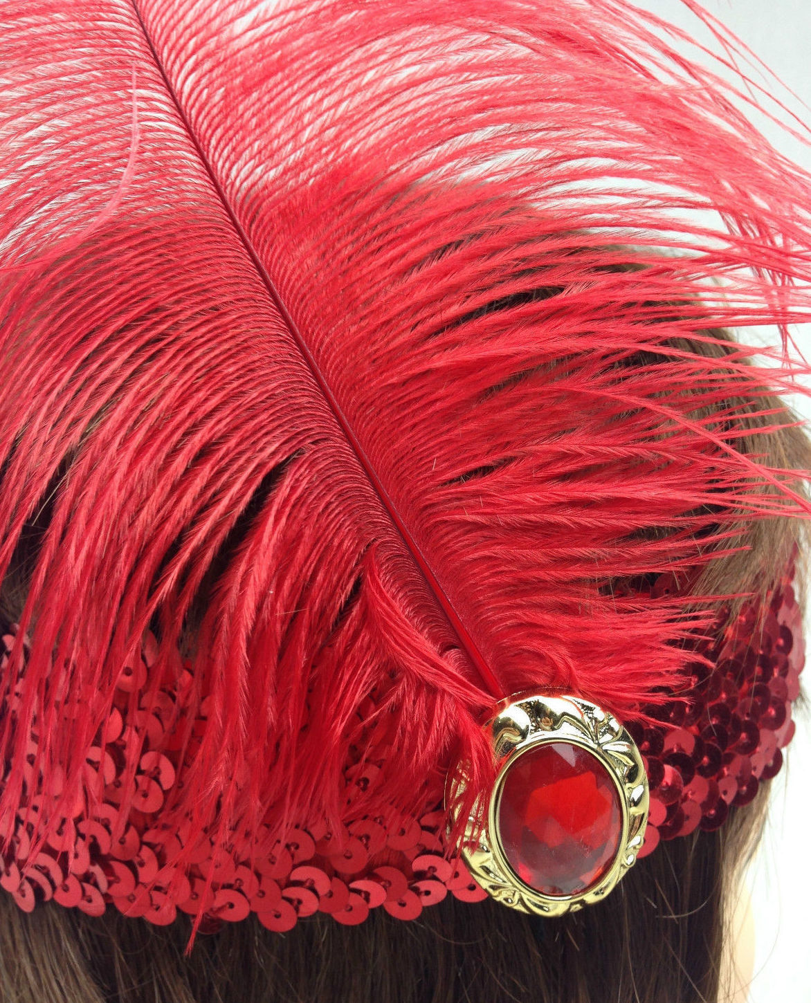 WIDE FLAPPER HEADBAND Feather Sequin Costume Gatsby Charleston Headpiece 1920s - Red-3