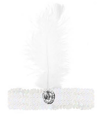 WIDE FLAPPER HEADBAND Feather Sequin Costume Gatsby Charleston Headpiece 1920s - White-0