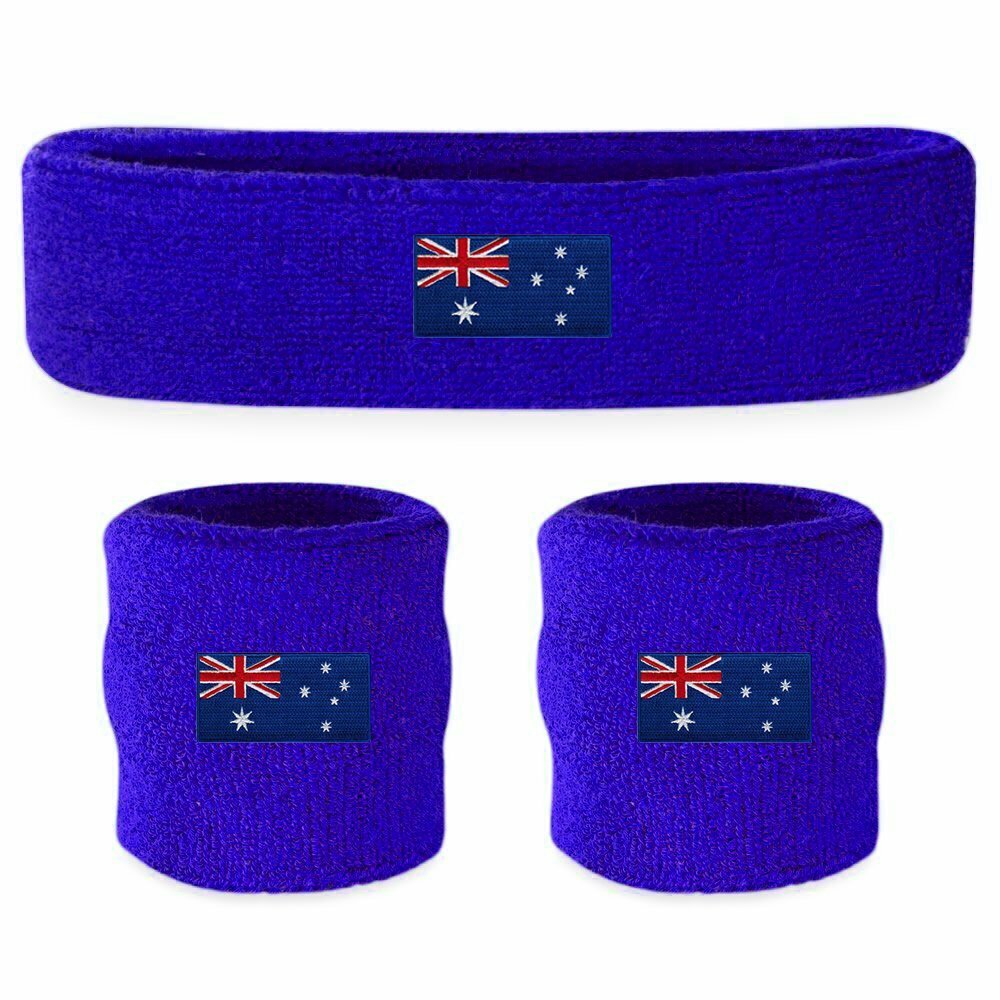 WRISTBAND & HEADBAND SET Tennis Terry Towelling Cotton Sweat Band Team Gym  - Australia Flag-0