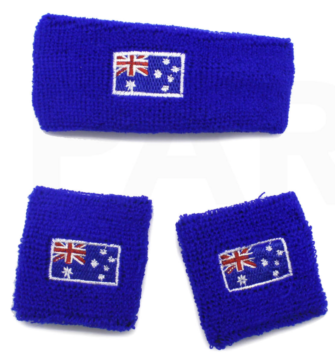 WRISTBAND & HEADBAND SET Tennis Terry Towelling Cotton Sweat Band Team Gym  - Australia Flag-2