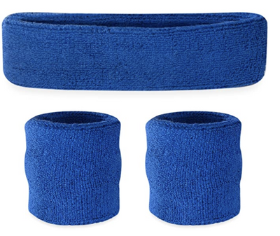 WRISTBAND & HEADBAND SET Tennis Terry Towelling Cotton Sweat Band Team Gym  - Blue-0