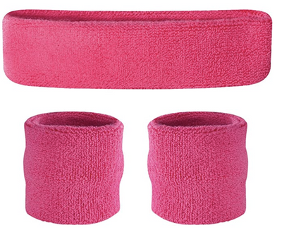 WRISTBAND & HEADBAND SET Tennis Terry Towelling Cotton Sweat Band Team Gym  - Hot Pink-0