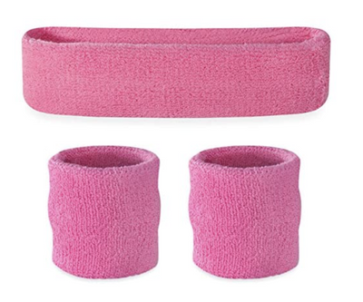 WRISTBAND & HEADBAND SET Tennis Terry Towelling Cotton Sweat Band Team Gym  - Light Pink-0