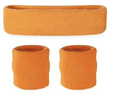 WRISTBAND & HEADBAND SET Tennis Terry Towelling Cotton Sweat Band Team Gym  - Orange-0