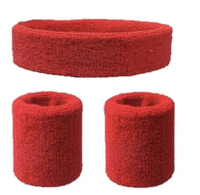 WRISTBAND & HEADBAND SET Tennis Terry Towelling Cotton Sweat Band Team Gym  - Red-0