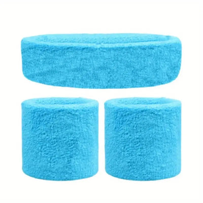 WRISTBAND & HEADBAND SET Tennis Terry Towelling Cotton Sweat Band Team Gym  - Sky Blue-0