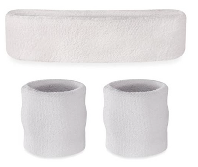 WRISTBAND & HEADBAND SET Tennis Terry Towelling Cotton Sweat Band Team Gym  - White-0