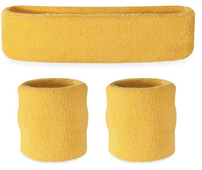 WRISTBAND & HEADBAND SET Tennis Terry Towelling Cotton Sweat Band Team Gym  - Yellow-0