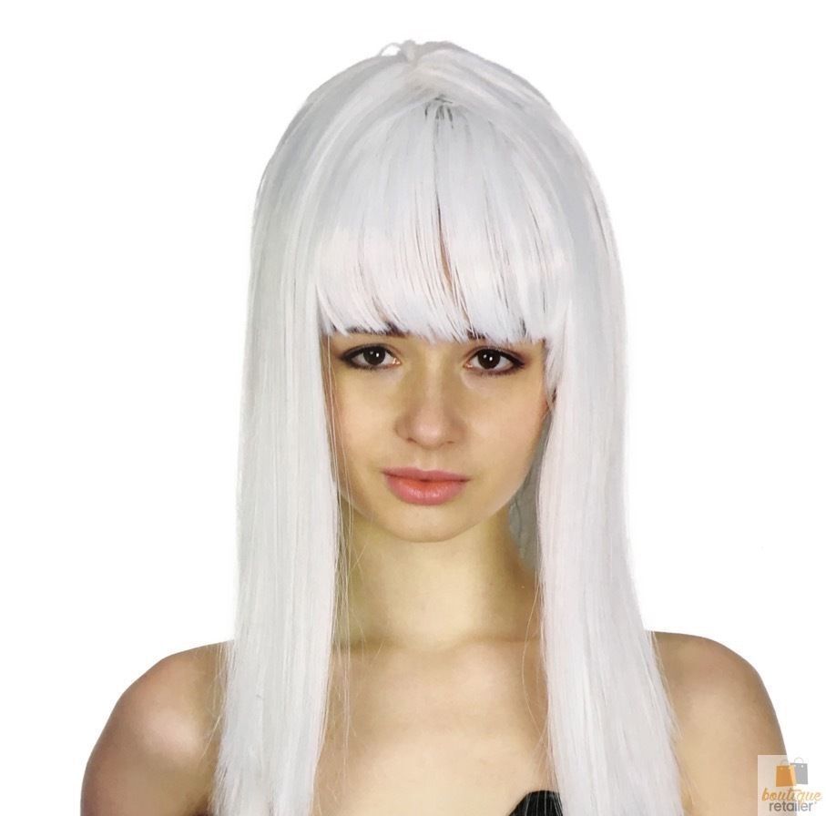 LONG WIG Straight Party Hair Costume Fringe Cosplay Fancy Dress 70cm Womens - White (22451)-1