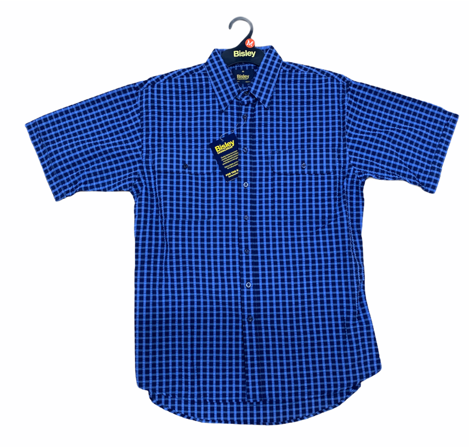 Bisley Mens Short Sleeve Seersucker Shirt Checkered Cotton Blend Casual Business Work - Blue - M-0