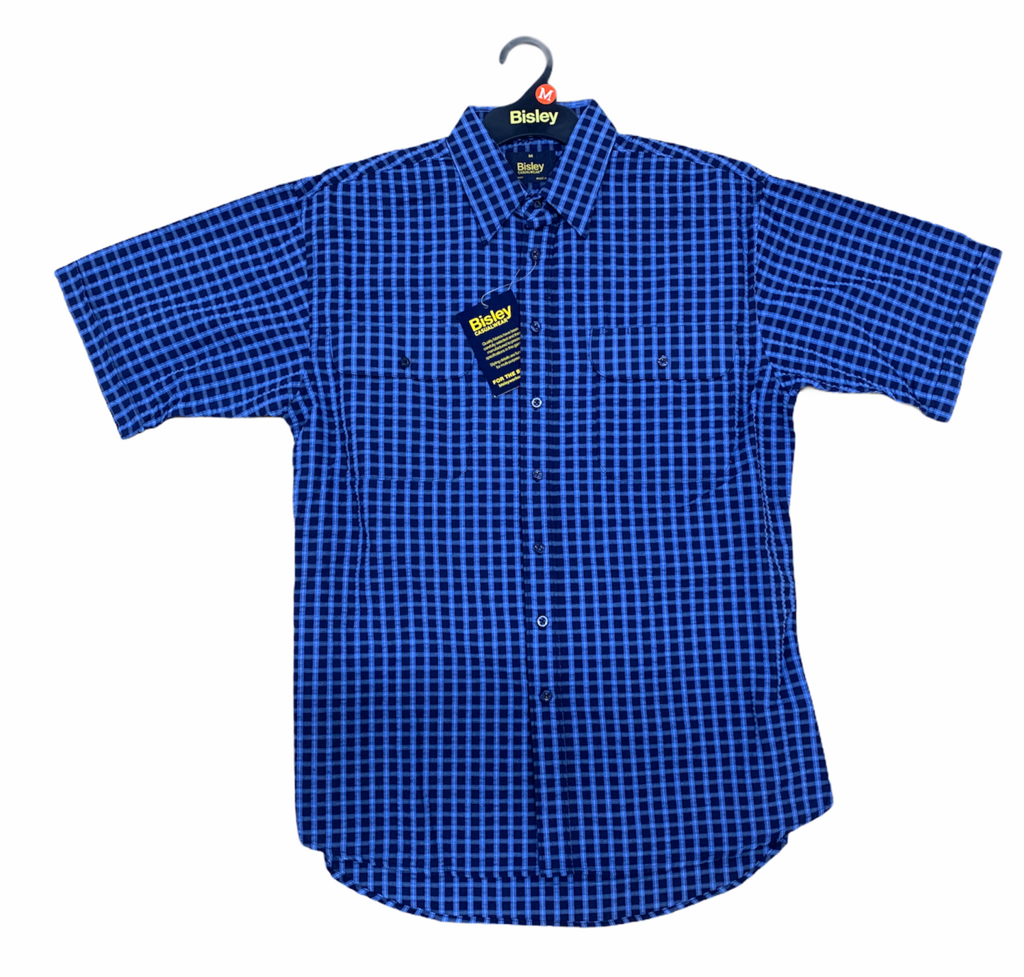 Bisley Mens Short Sleeve Seersucker Shirt Checkered Cotton Blend Casual Business Work - Blue - M-1