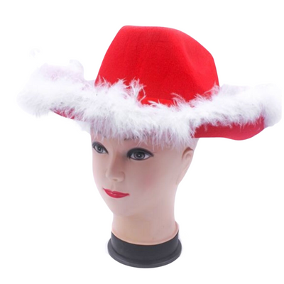 CHRISTMAS HAT Wide Brim Santa Xmas Party Costume Cowboy Fedora Red Fur Cap-0