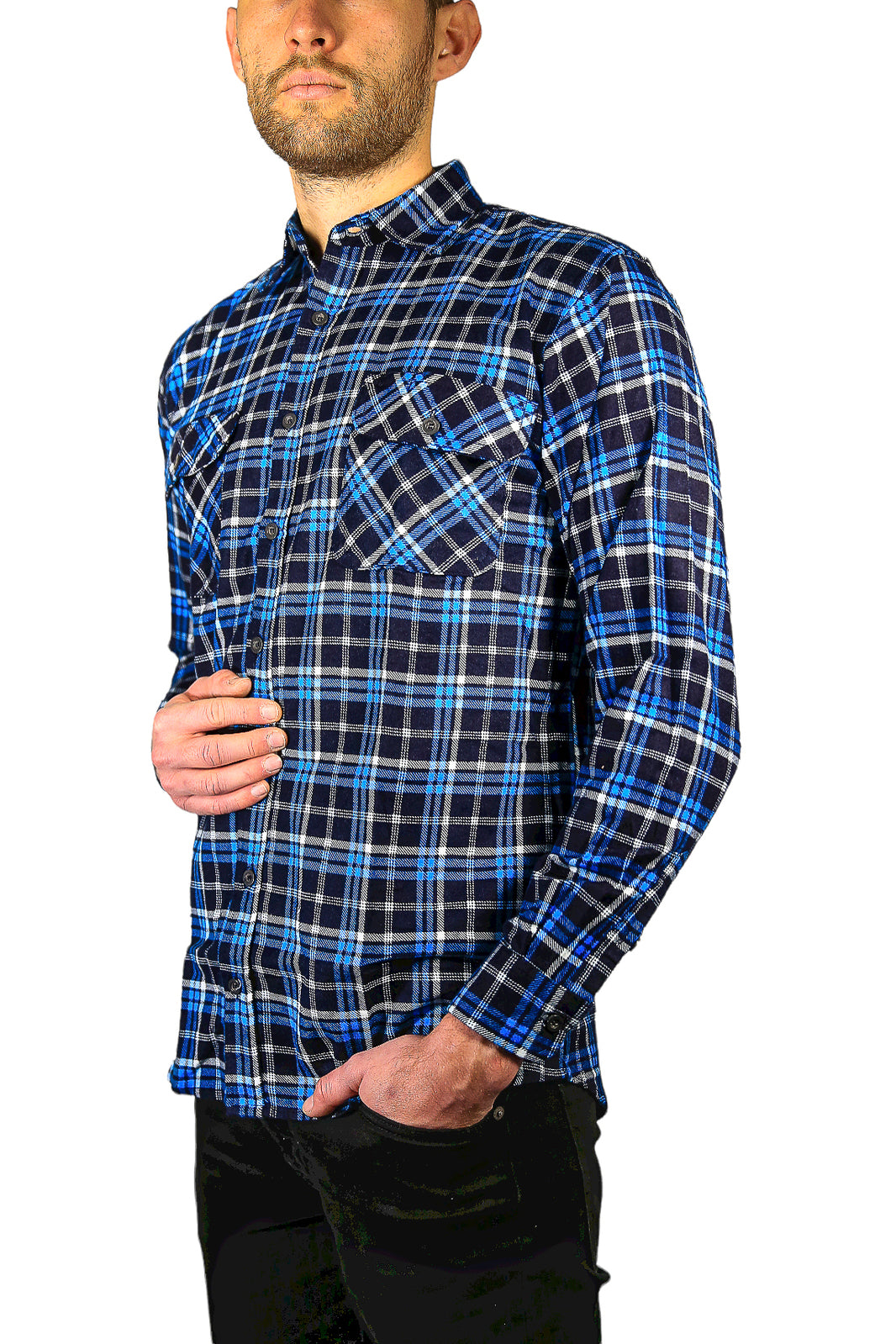 Mens Flannelette Long Sleeve Shirt 100% Cotton Check Authentic Flannel - Full Placket - Turquoise/Black - 3XL-4