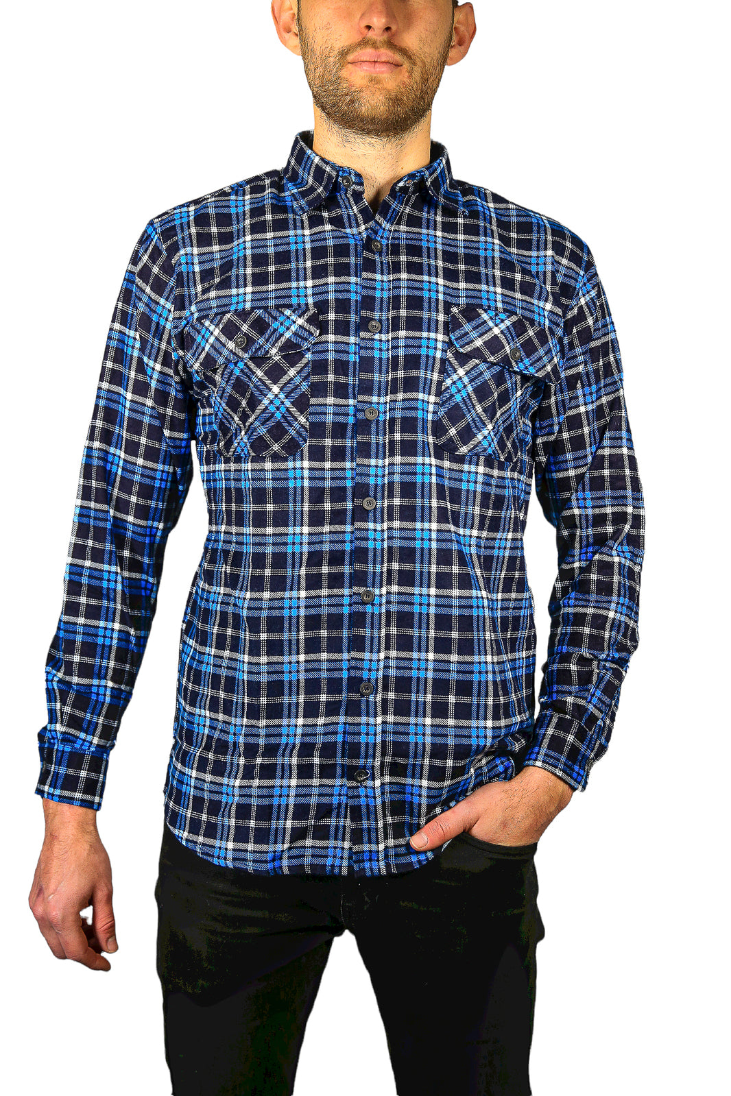 Mens Flannelette Long Sleeve Shirt 100% Cotton Check Authentic Flannel - Full Placket - Turquoise/Black - L-0