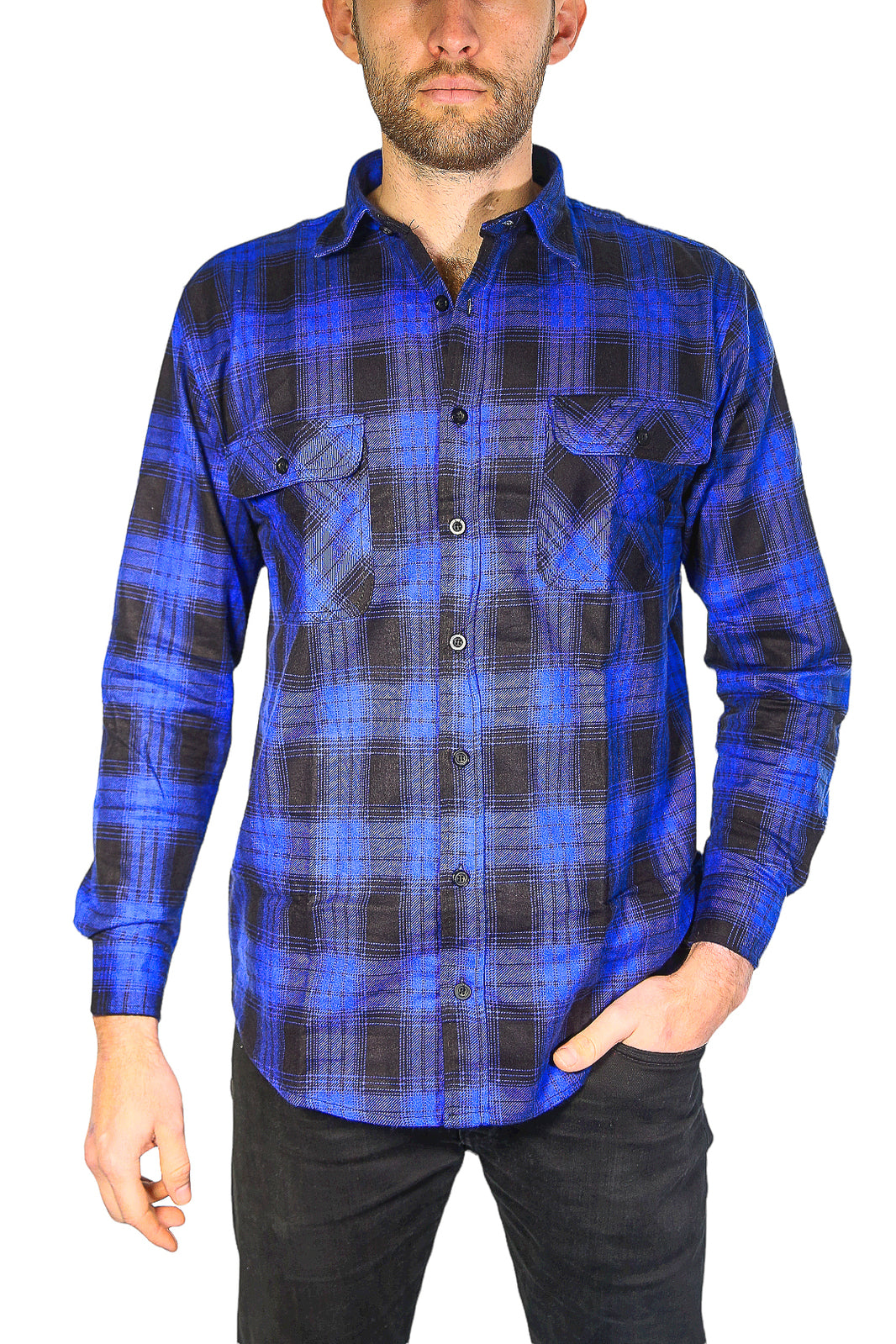 Mens Flannelette Long Sleeve Shirt 100% Cotton Check Authentic Flannel - Full Placket - Royal Blue - 3XL-0