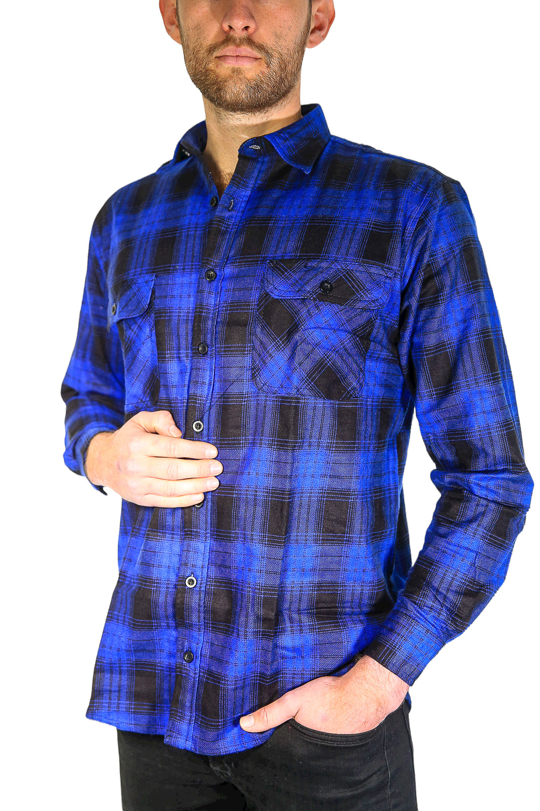 Mens Flannelette Long Sleeve Shirt 100% Cotton Check Authentic Flannel - Full Placket - Royal Blue - 3XL-4