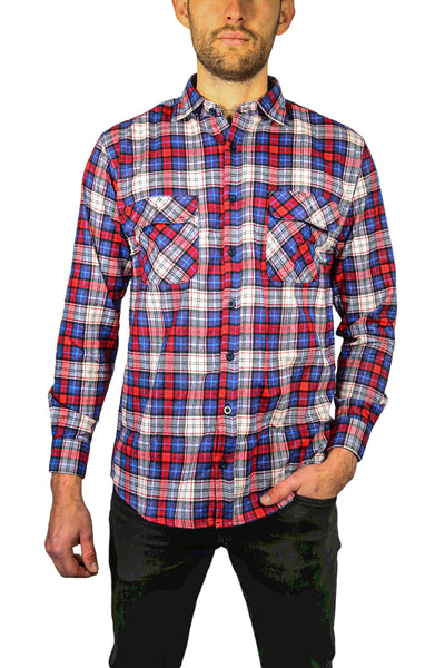 Mens Flannelette Long Sleeve Shirt 100% Cotton Check Authentic Flannel - Full Placket - Navy/Red/White - 3XL-0