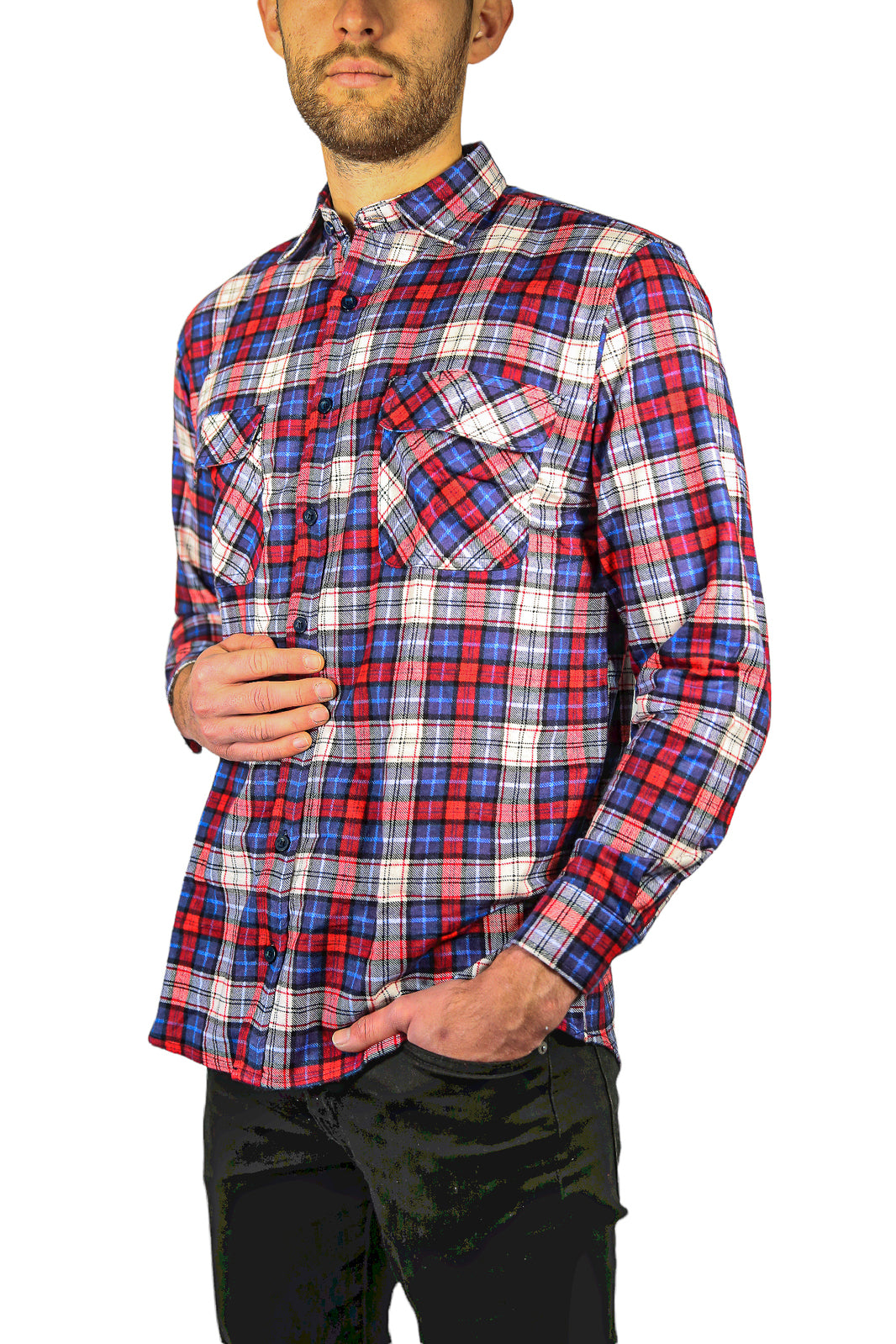 Mens Flannelette Long Sleeve Shirt 100% Cotton Check Authentic Flannel - Full Placket - Navy/Red/White - 3XL-4