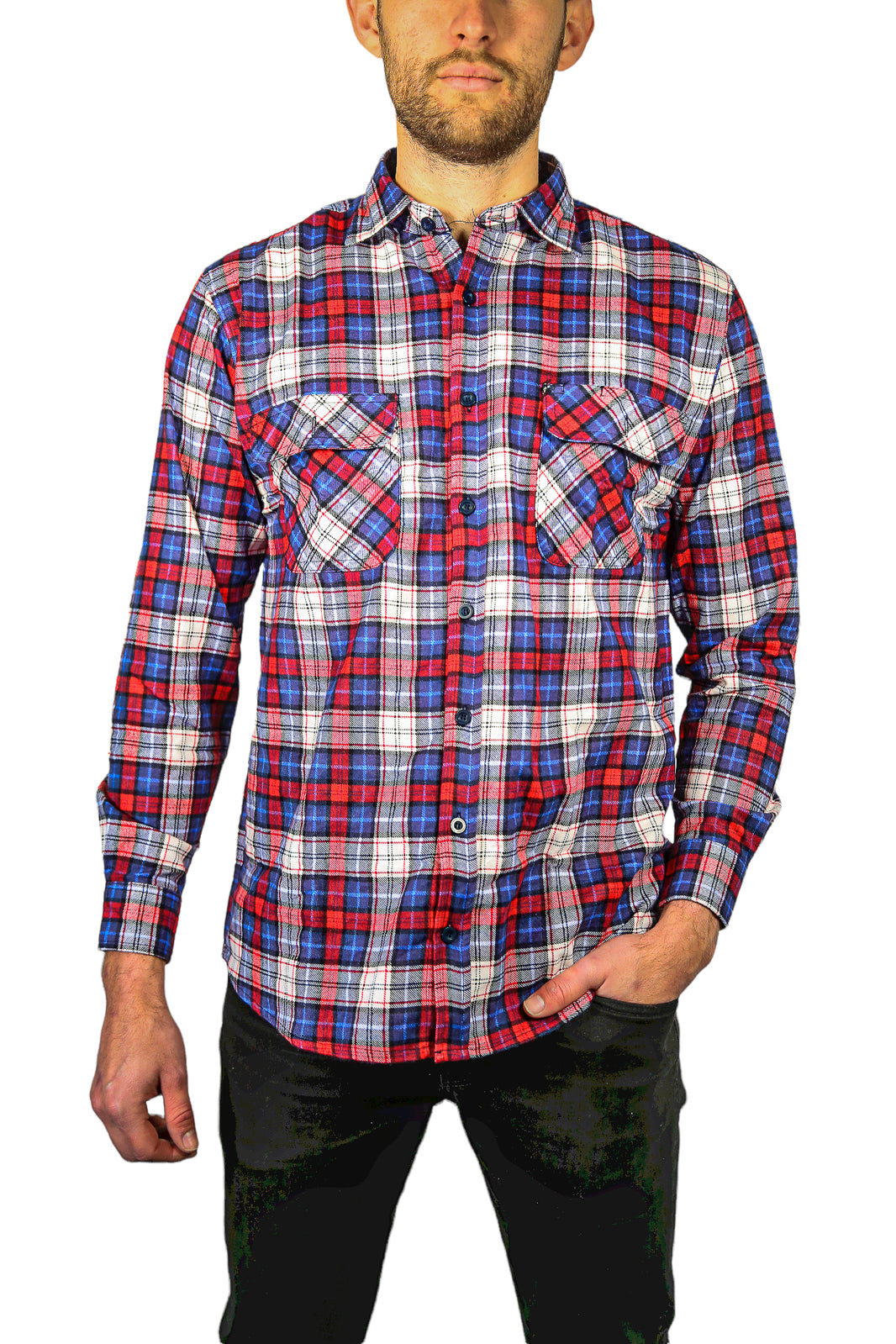 Mens Flannelette Long Sleeve Shirt 100% Cotton Check Authentic Flannel - Full Placket - Navy/Red/White - L-0