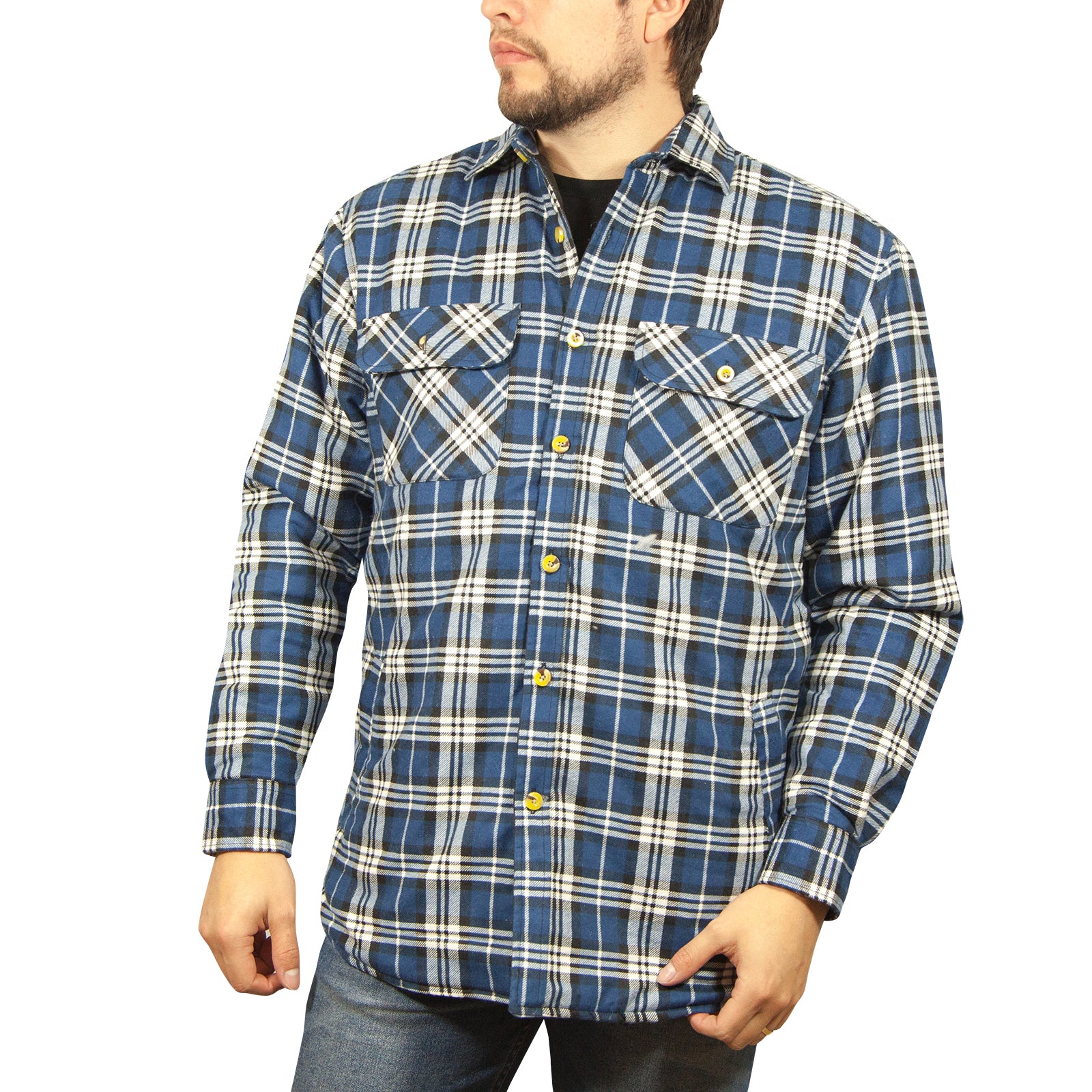 Mens Flannelette Long Sleeve Shirt 100% Cotton Check - Full Placket - Spanish Blue - 3XL-0