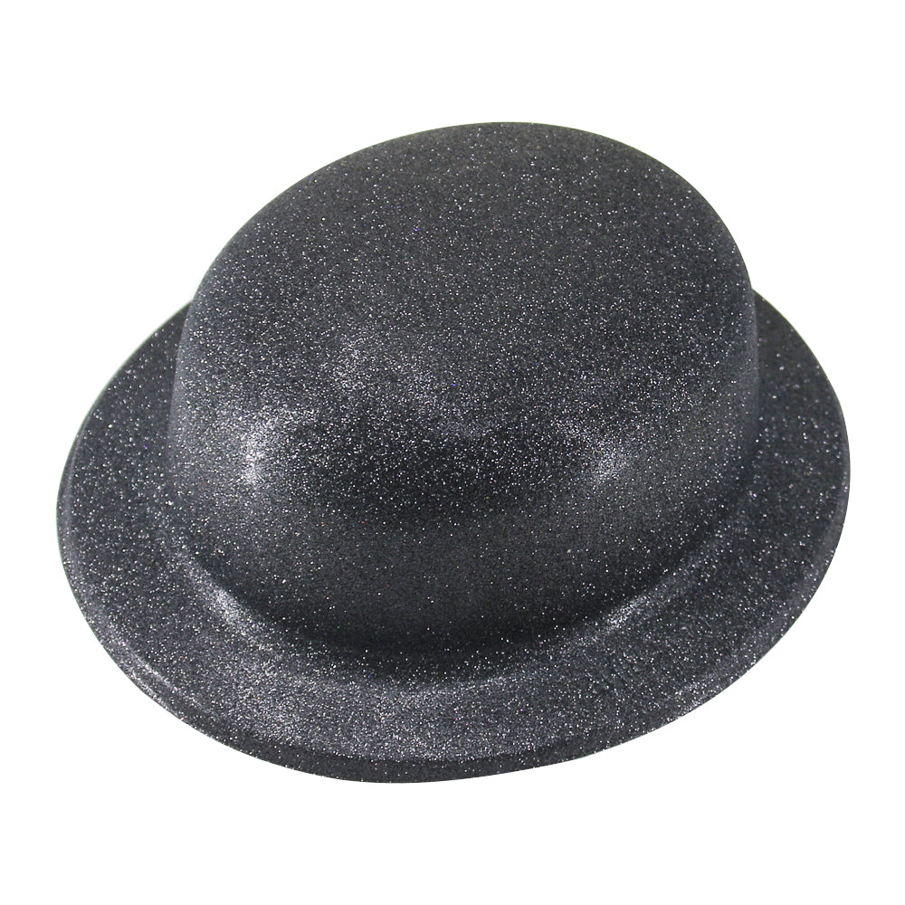 GLITTER BOWLER HAT Fancy Party Plastic Costume Cap Fun Dress Up Sparkle - Black-0