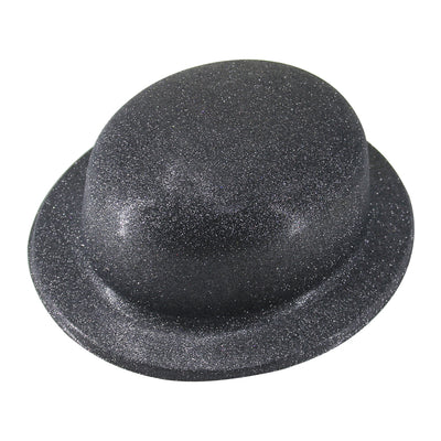 GLITTER BOWLER HAT Fancy Party Plastic Costume Cap Fun Dress Up Sparkle - Black-1