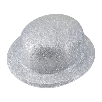 GLITTER BOWLER HAT Fancy Party Plastic Costume Cap Fun Dress Up Sparkle - White/Silver-0