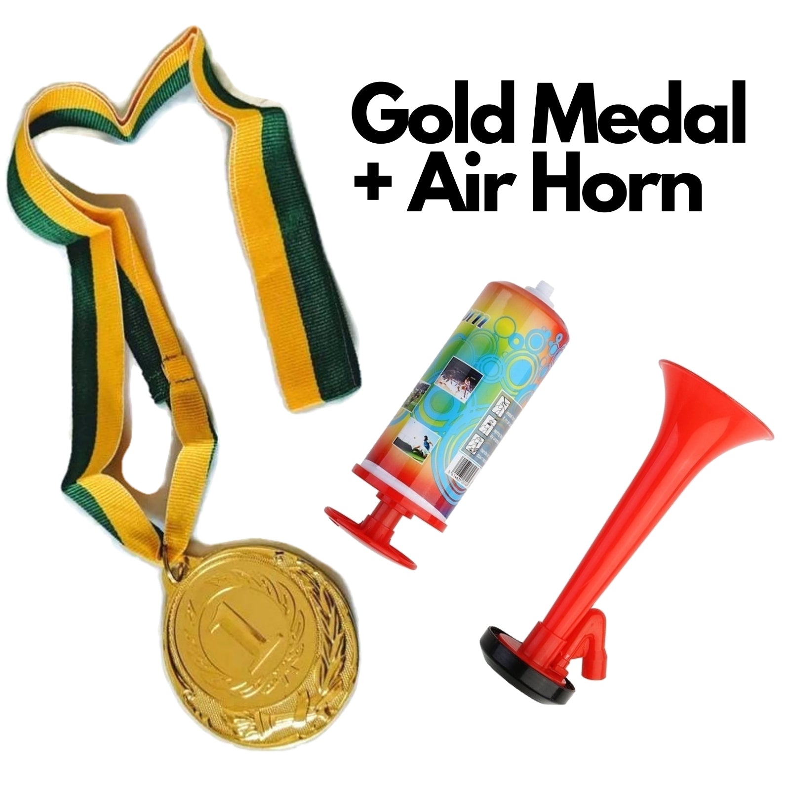 1st Gold Medal Winner + Air Horn Party Set School Sports Day Olympics Ribbon-1