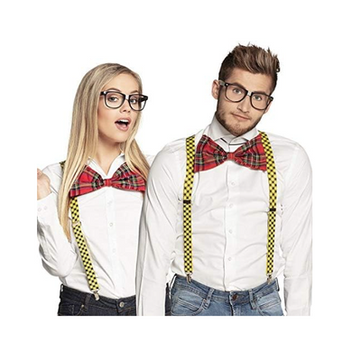 NERD COSTUME KIT Set Geek Glasses Fancy Dress Retro Funny Braces Bow Tie Party-0