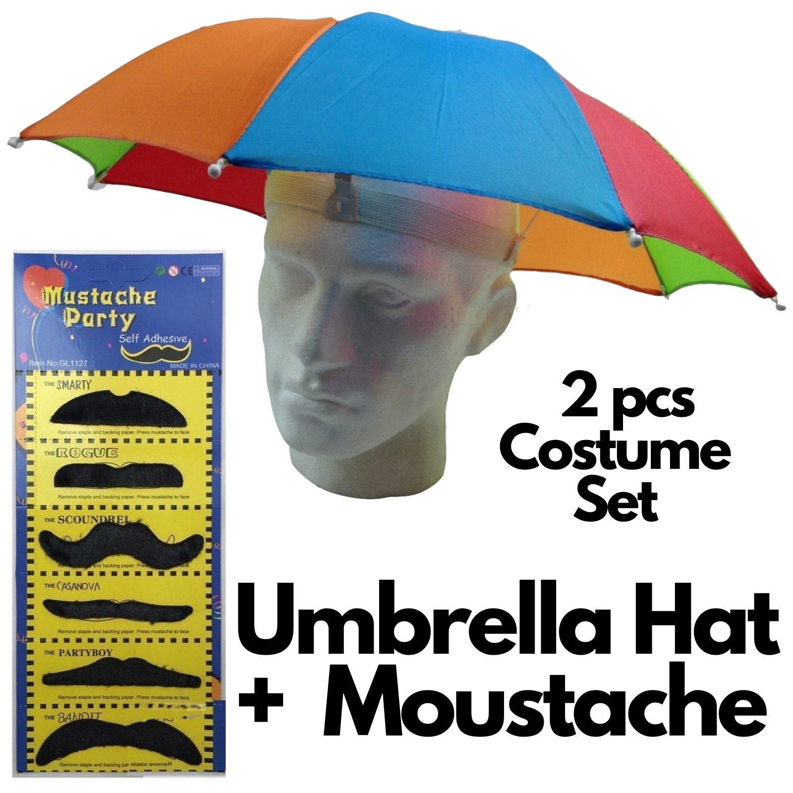 2pcs Set Rainbow Umbrella Hat + 70s Fake Moustache Costume Props Novelty Fancy-1