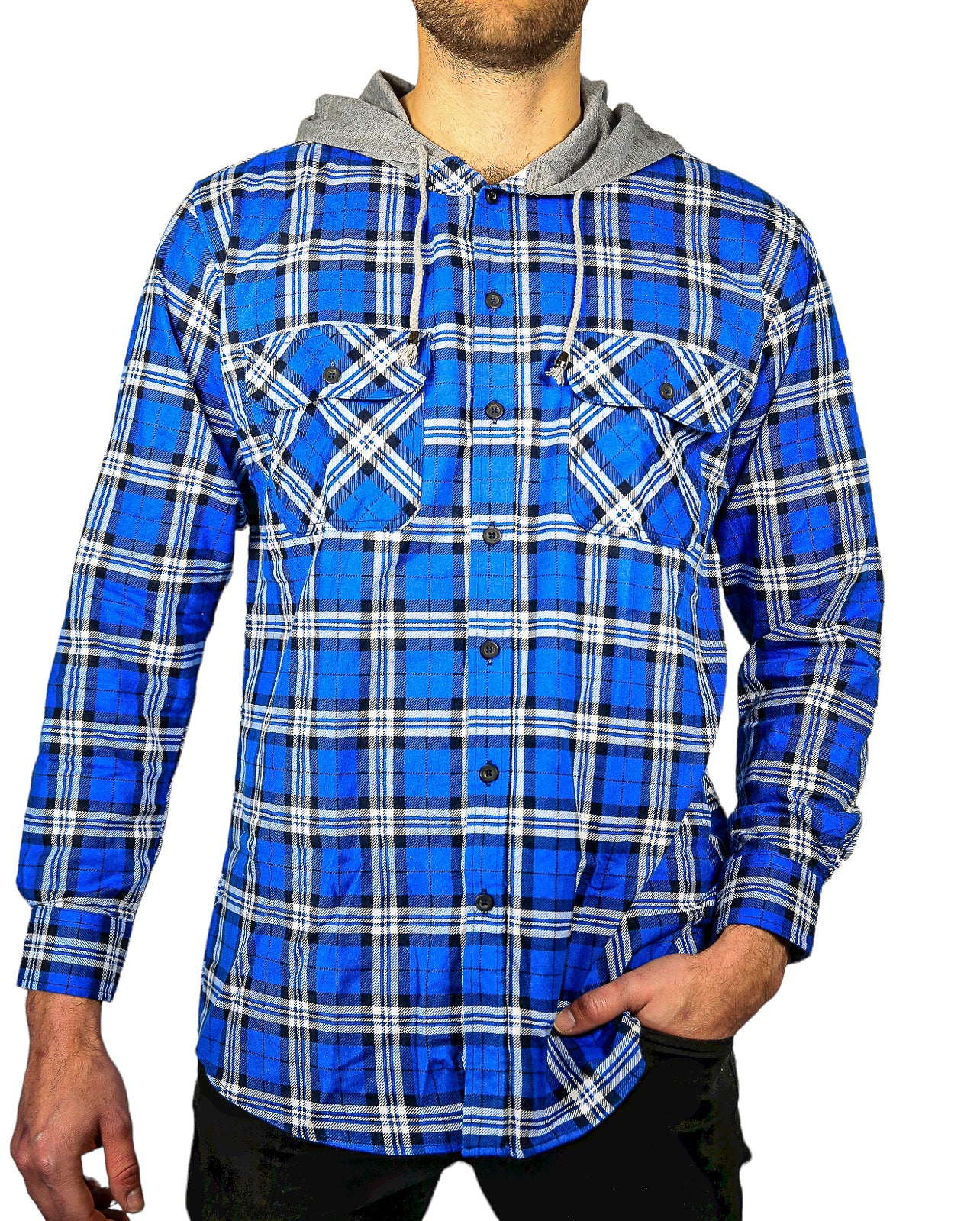 Mens Cotton Flannelette Shirt w Jersey Hood Long Sleeve Flannel - Spanish Blue - 3XL-0