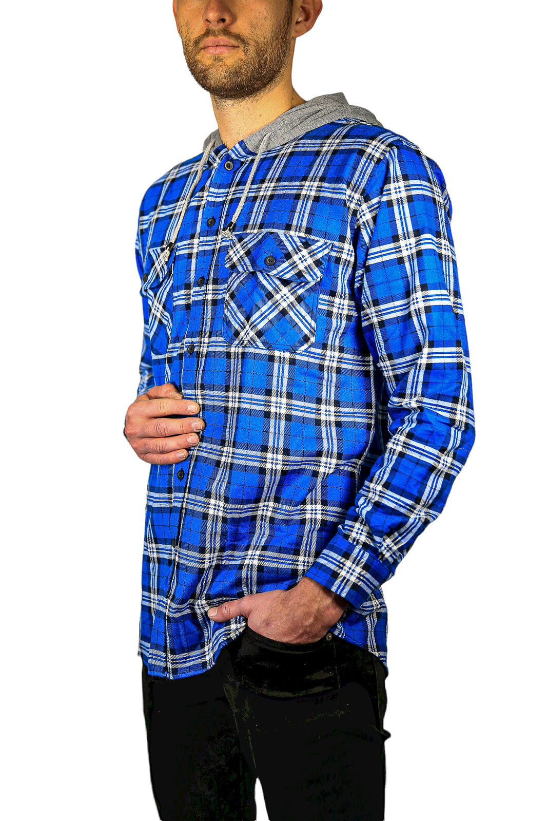 Mens Cotton Flannelette Shirt w Jersey Hood Long Sleeve Flannel - Spanish Blue - 3XL-3