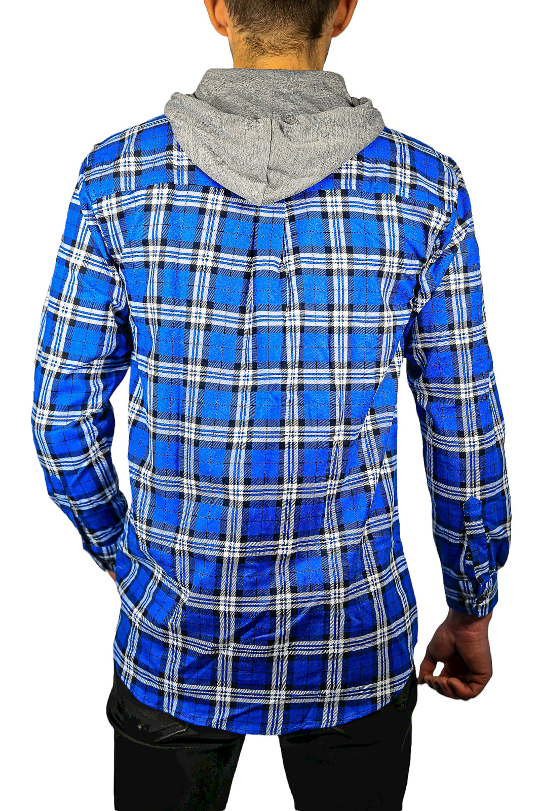 Mens Cotton Flannelette Shirt w Jersey Hood Long Sleeve Flannel - Spanish Blue - 3XL-4