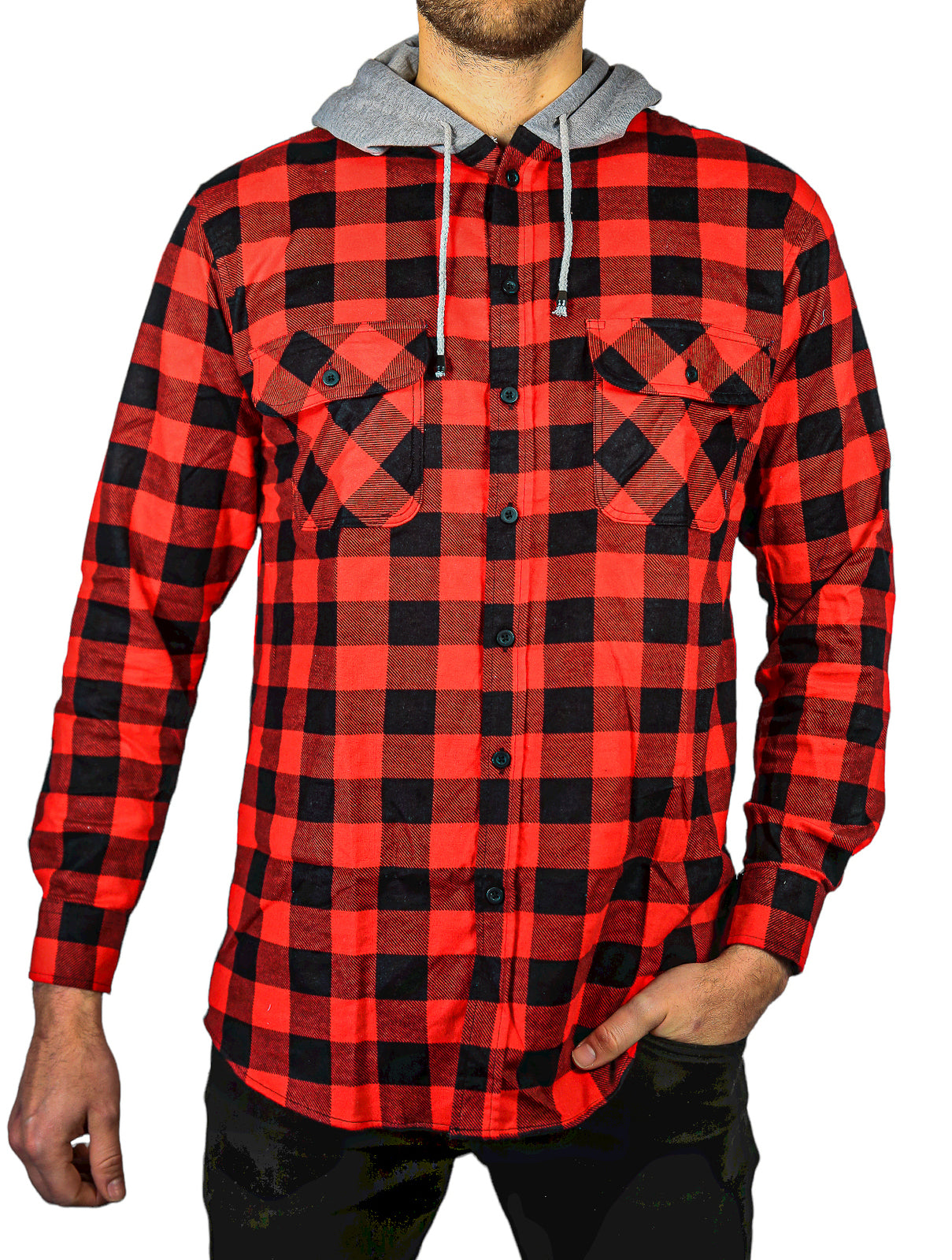 Mens Cotton Flannelette Shirt w Jersey Hood Long Sleeve Flannel - Red/Black - 3XL-0