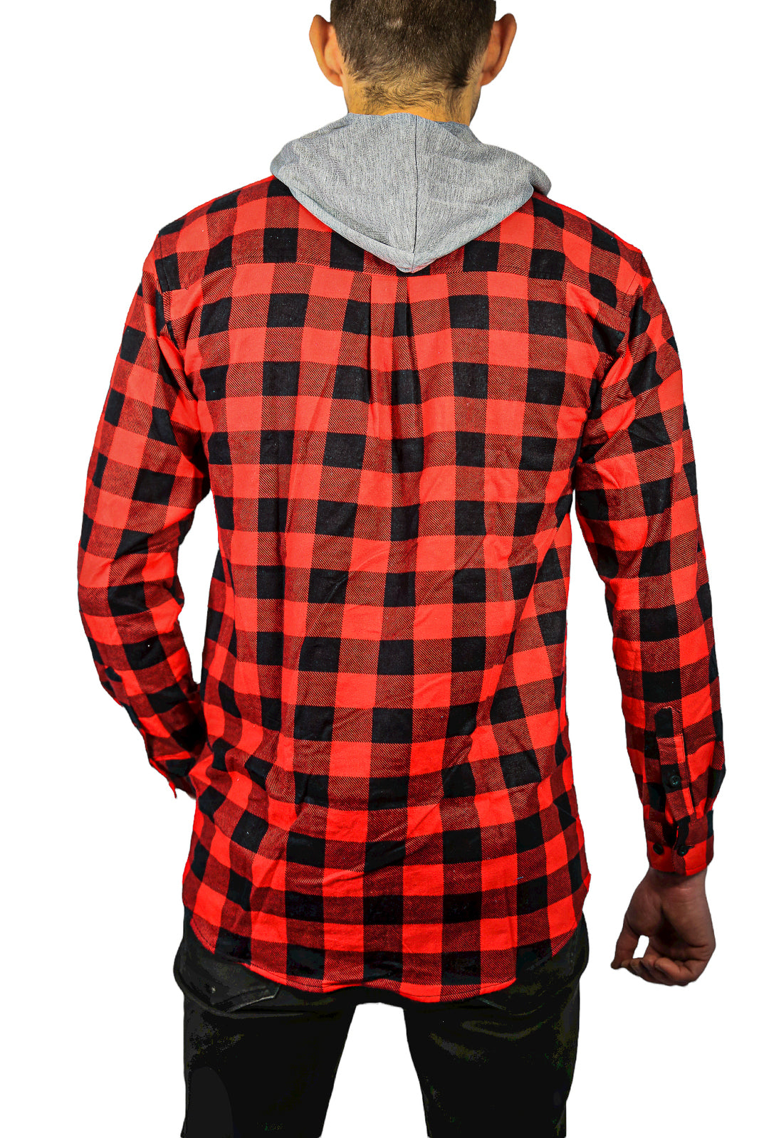 Mens Cotton Flannelette Shirt w Jersey Hood Long Sleeve Flannel - Red/Black - 3XL-3