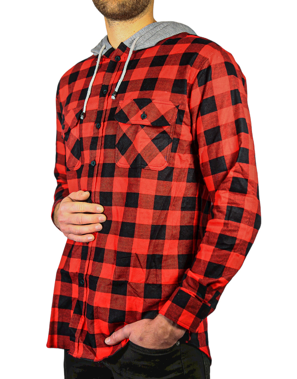 Mens Cotton Flannelette Shirt w Jersey Hood Long Sleeve Flannel - Red/Black - 3XL-4