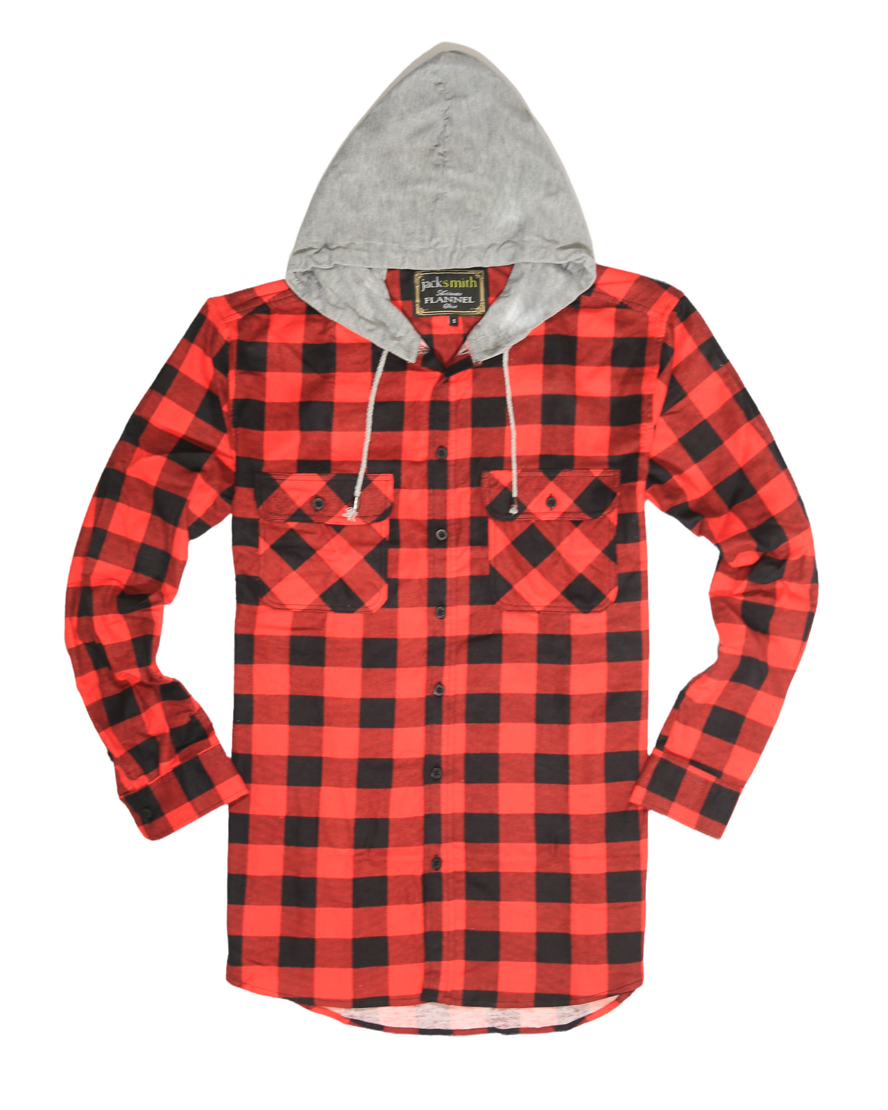 Mens Cotton Flannelette Shirt w Jersey Hood Long Sleeve Flannel - Red/Black - 3XL-5