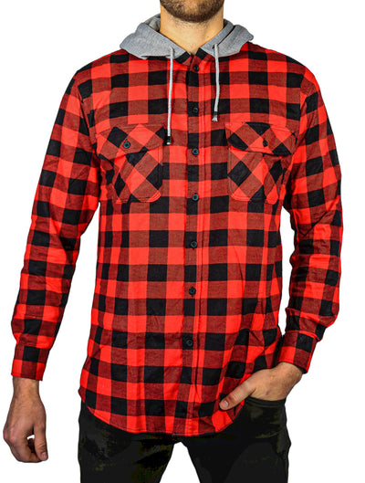 Mens Cotton Flannelette Shirt w Jersey Hood Long Sleeve Flannel - Red/Black - XXL-0