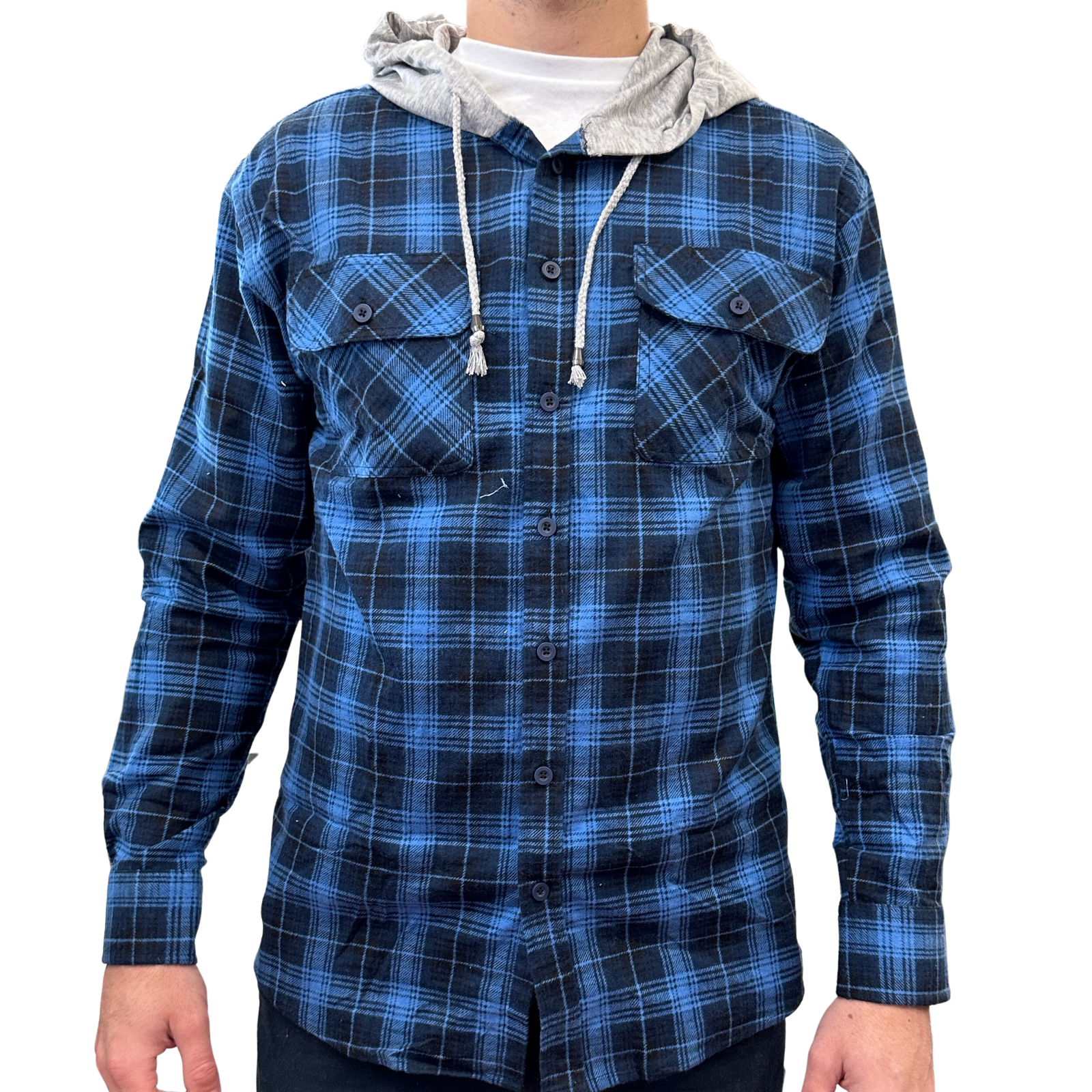 Mens Cotton Flannelette Shirt w Jersey Hood Long Sleeve Flannel - Blue - L-0