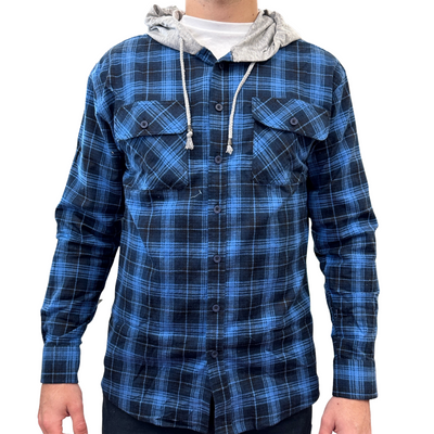 Mens Cotton Flannelette Shirt w Jersey Hood Long Sleeve Flannel - Blue - L-1