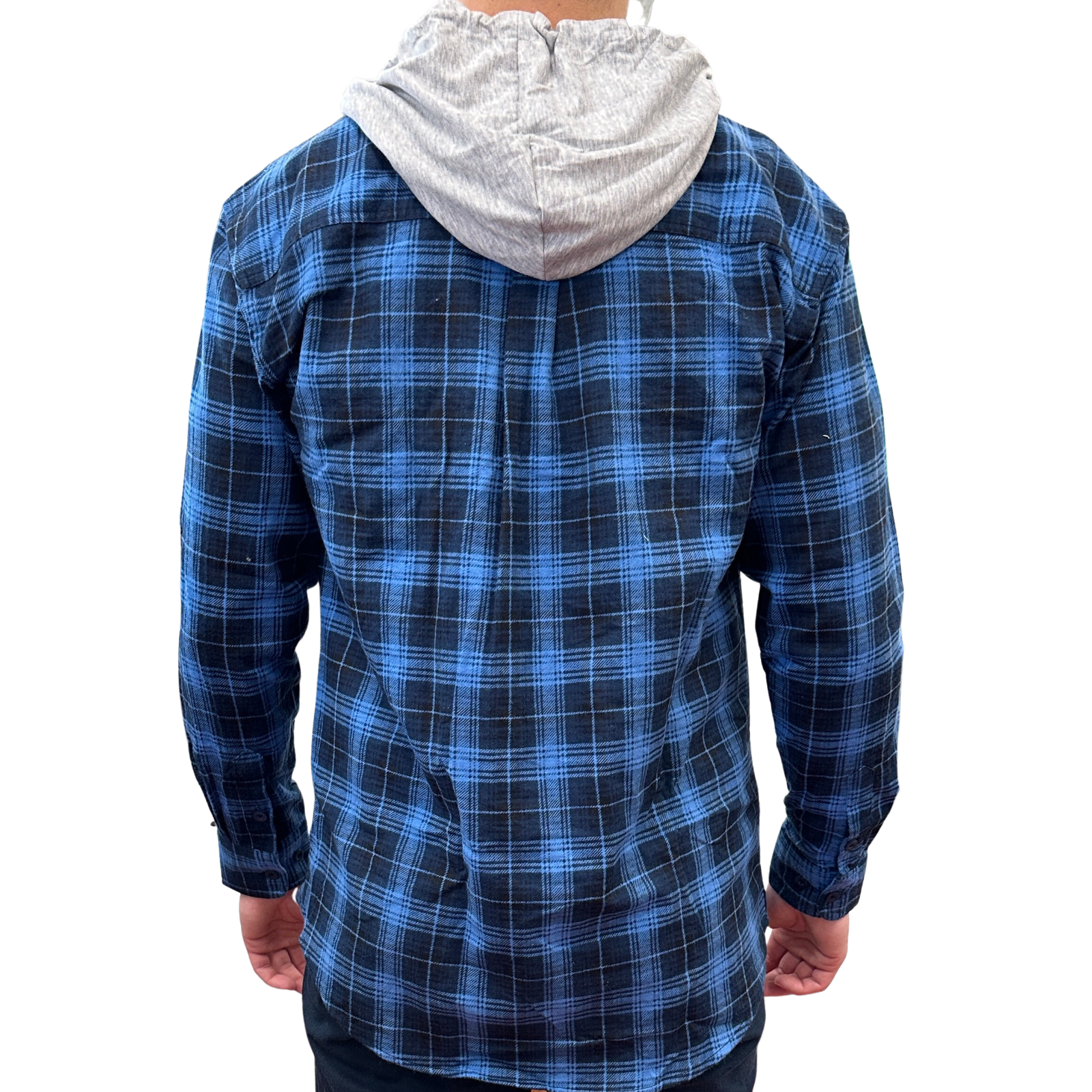 Mens Cotton Flannelette Shirt w Jersey Hood Long Sleeve Flannel - Blue - L-3