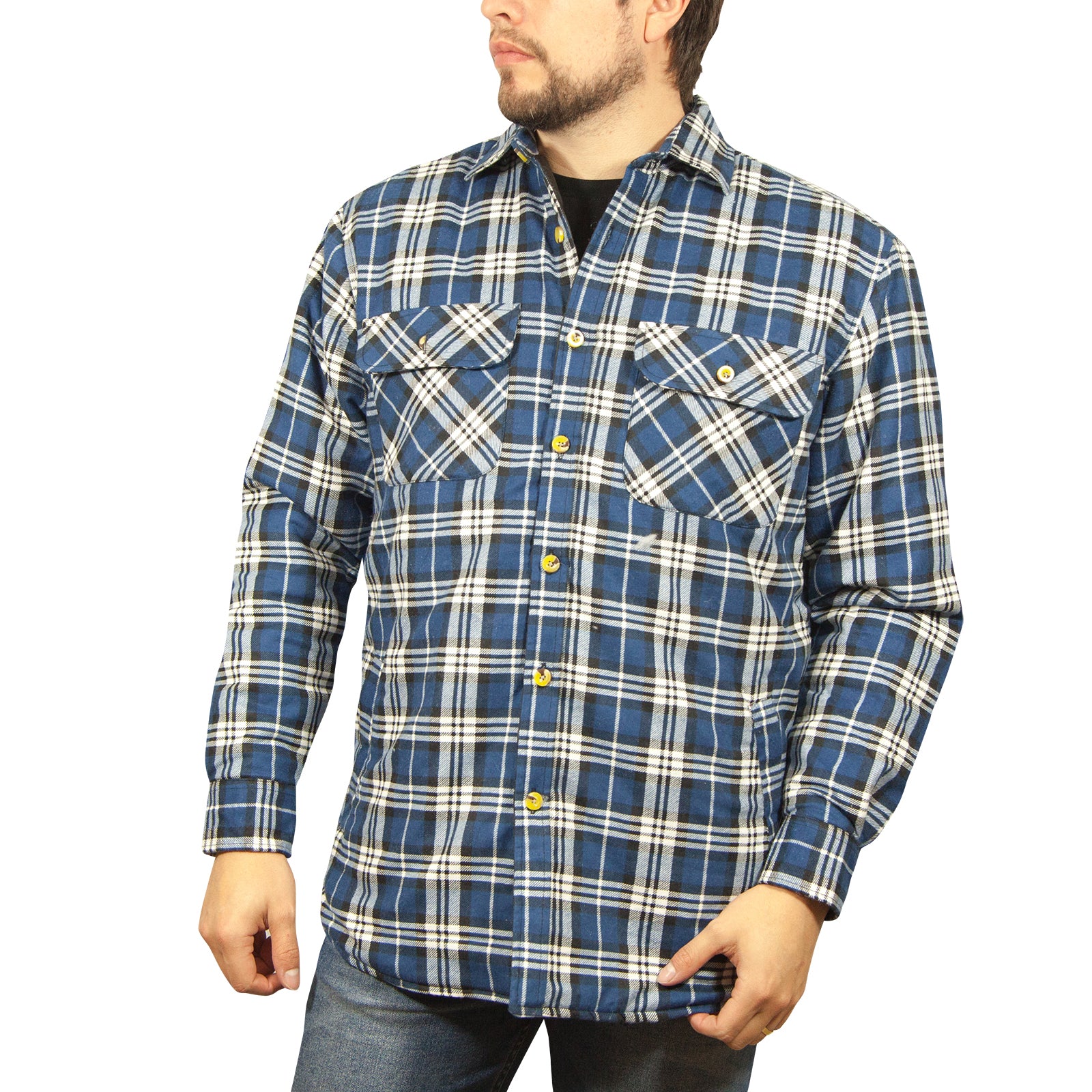 Jacksmith Quilted Flannelette Shirt Mens Jacket 100% Cotton Padded Warm Winter Flannel - Navy/Light Blue - M-1