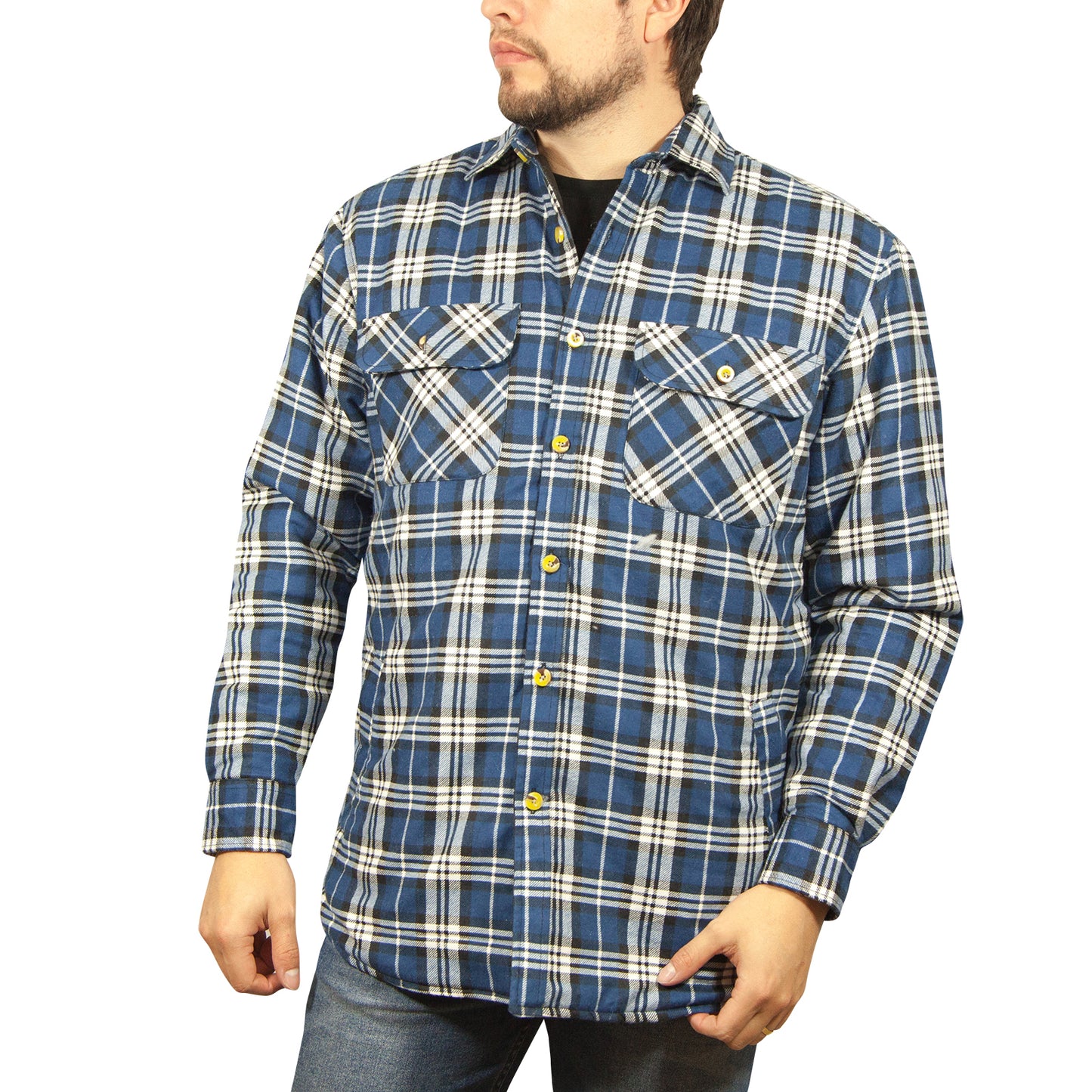 Jacksmith Quilted Flannelette Shirt Mens Jacket 100% Cotton Padded Warm Winter Flannel - Navy/Light Blue - S-0